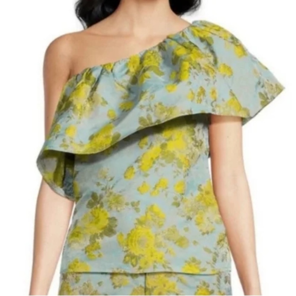 Abbey Glass Clementine Yellow Blue Floral One Shoulder Top XS NWT